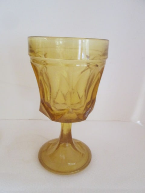 Six Midcentury Amber Glass "Provencial" Pattern Goblets - 3