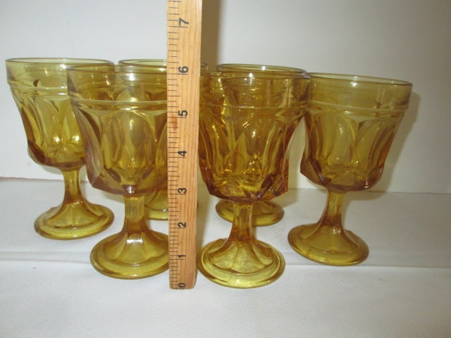 Six Midcentury Amber Glass "Provencial" Pattern Goblets - 6