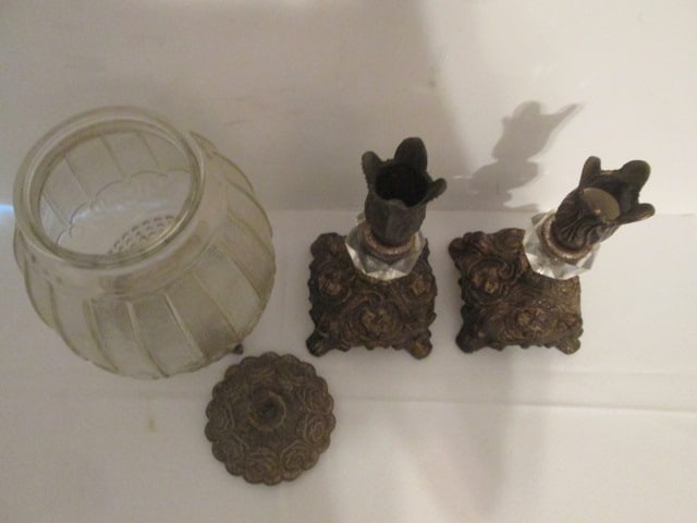 Hollywood Regency Style Lidded Jar and Pair of Candle Holders - 7