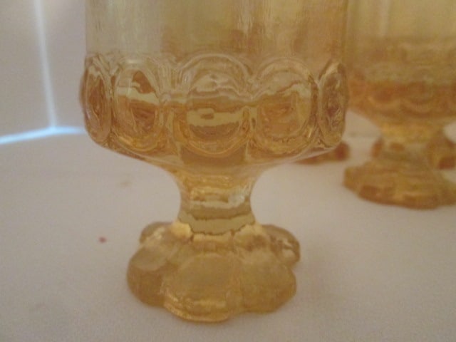 Midcentury Satin Finish Amber Glass Raised Coin Dot Banded Goblets - 2