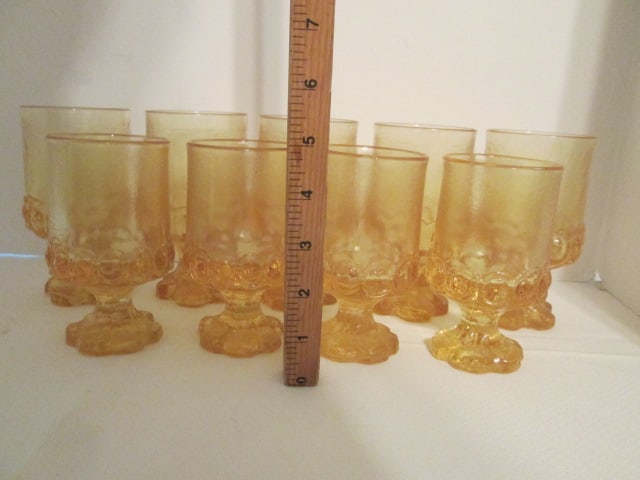 Midcentury Satin Finish Amber Glass Raised Coin Dot Banded Goblets - 5