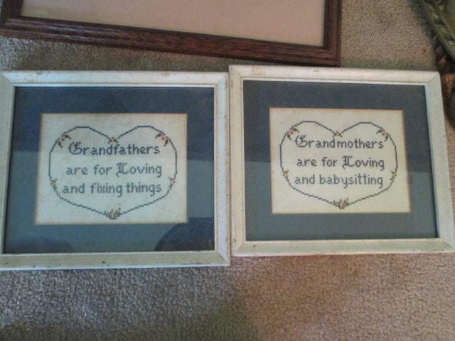 Four Framed and Matted Sassy Cross Stitch Quotes and Victorian Dressing Room Needle Work - 4