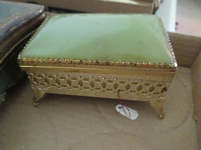Brass and Mother of Pearl Trinket Box, Gold Tone Trinket Box with Simulated Jade - 2