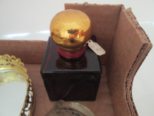 Ladies Vanity Items-Perfume Bottle, Crystal Quartz Clock, Powder Jar, Fostoria Desk Set, etc. - 2