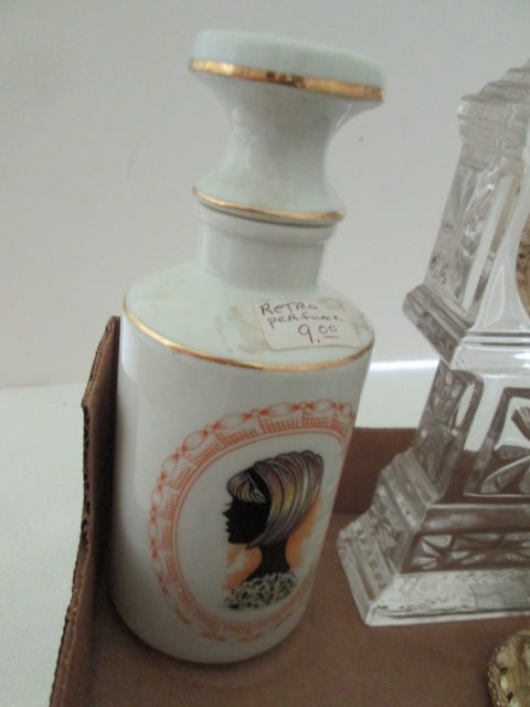 Ladies Vanity Items-Perfume Bottle, Crystal Quartz Clock, Powder Jar, Fostoria Desk Set, etc. - 7