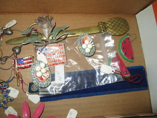 Grouping of Vintage Brooches, Earrings, Rings and Brass Pineapple Letter Opener - 3