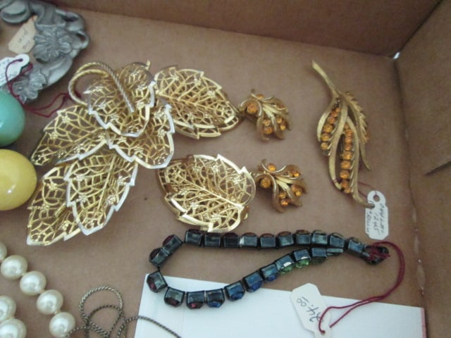 Grouping of Vintage Brooches and Earring Sets, Faux Pearls, Brooches, Bracelets, etc. - 3