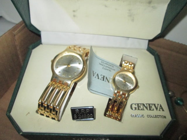 Fashion Jewelry Geneva His & Hers Wrist Watches, Gruen Pocket Watch, Vintage Earrings, - 5