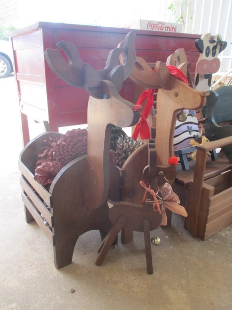 Grouping of Folk Art Reindeer, Tabletop Sleigh, Benches, Cow, Magazine Rack, etc. - 2