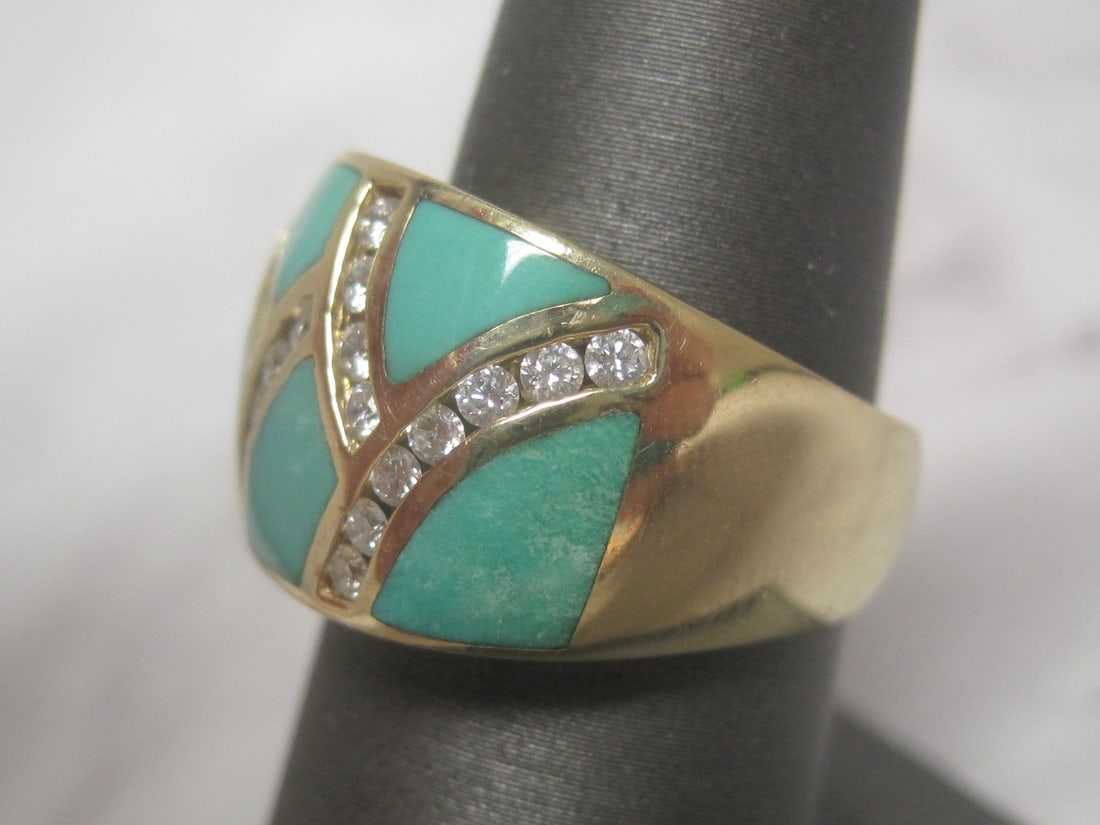 14k Gold Turquoise & Diamond Ring - 2