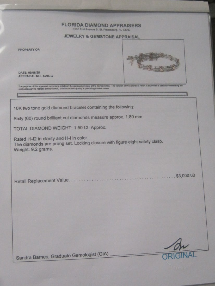 7 1/4" 10k White & Yellow Gold Diamond Bracelet appraised at $3000 - 7