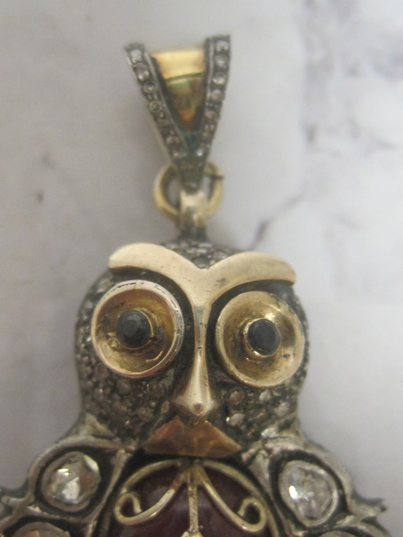 14k Gold & Sterling Silver Diamond & Ruby Owl Pendant appraised at $3750 - 2