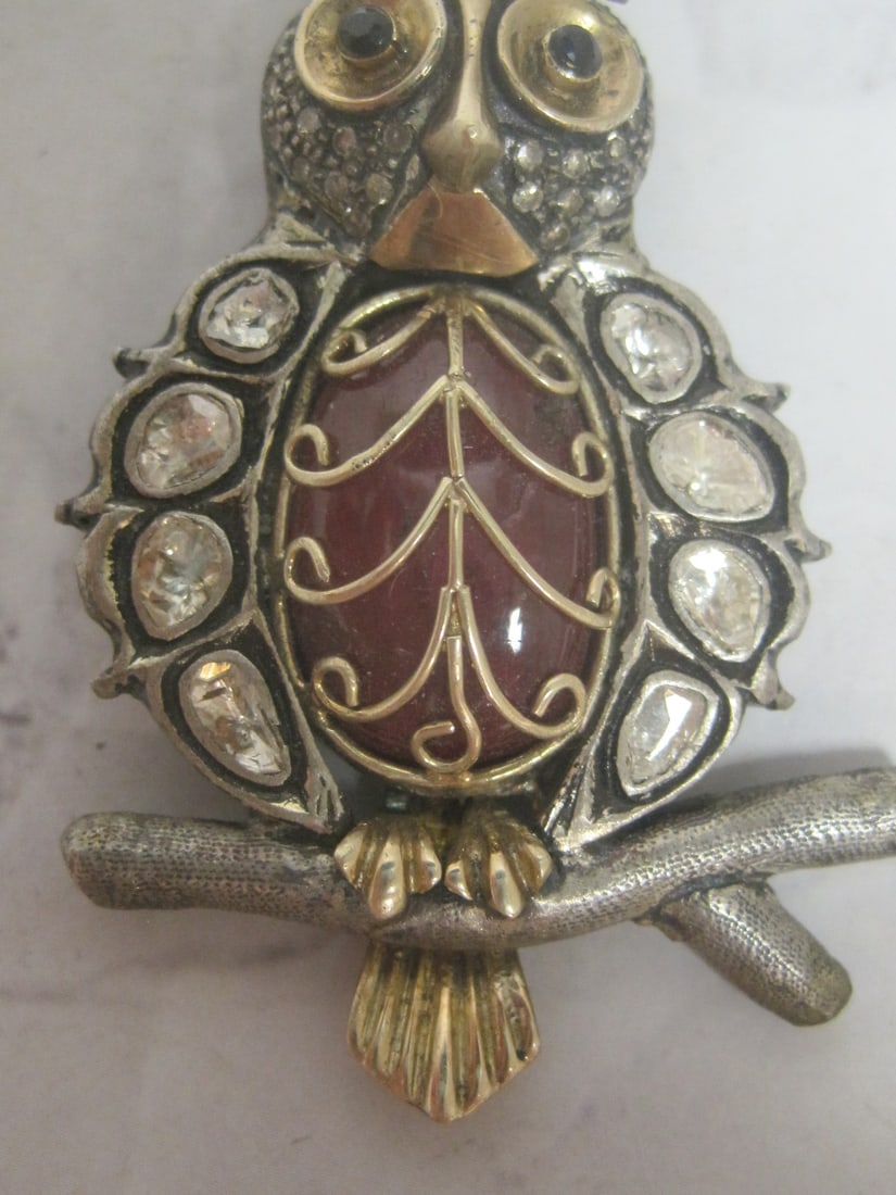 14k Gold & Sterling Silver Diamond & Ruby Owl Pendant appraised at $3750 - 3