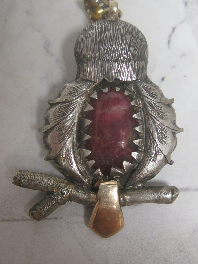 14k Gold & Sterling Silver Diamond & Ruby Owl Pendant appraised at $3750 - 4