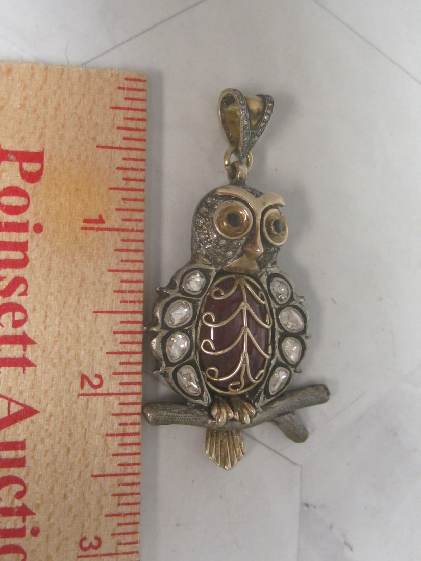 14k Gold & Sterling Silver Diamond & Ruby Owl Pendant appraised at $3750 - 5
