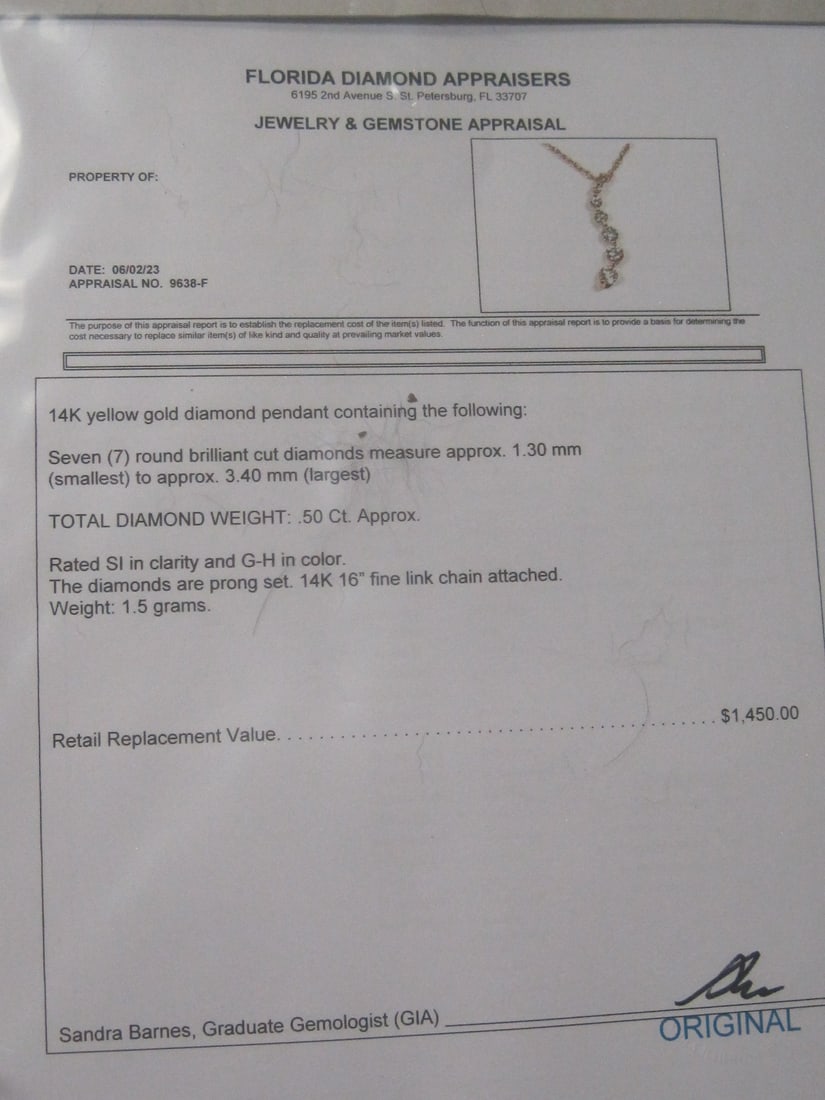 14k Gold Diamond Pendant & 16" Chain appraised at $1450 - 7