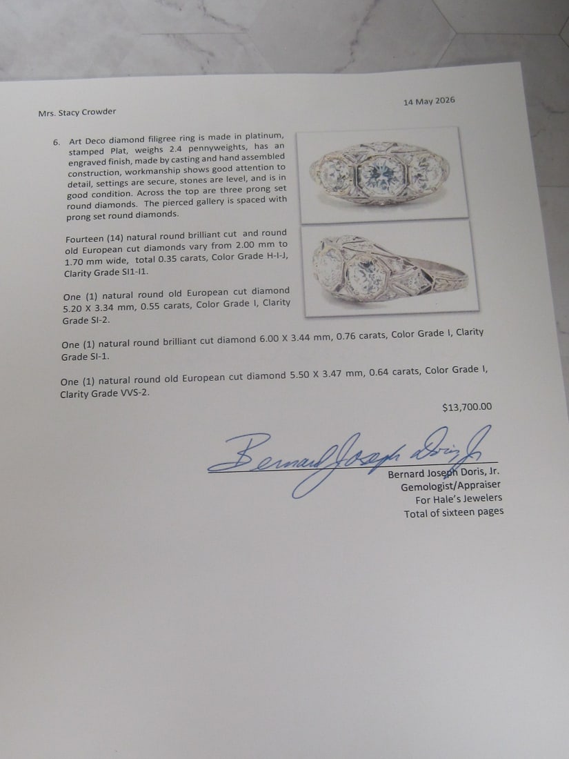 Platinum Art Deco 2.30 CT TW. Diamond Filigree Ring appraised at $13,700 - 7