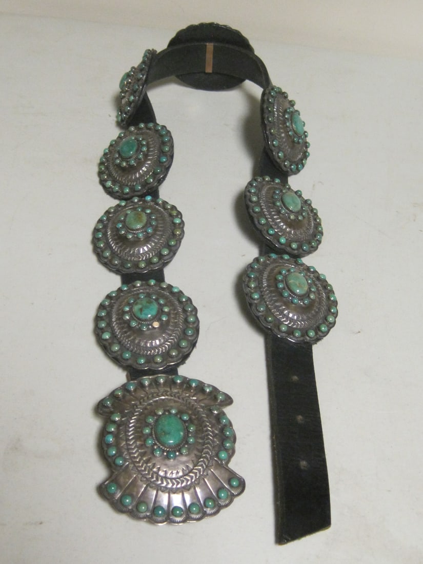 Buffalo Danger Concho Belt with Sterling Silver Buckle and 8 Slides: Missing 1 Tiny Turquoise Bead