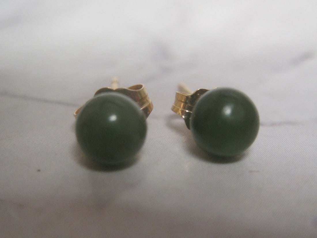 14k Gold Jade Stud Earrings - 2