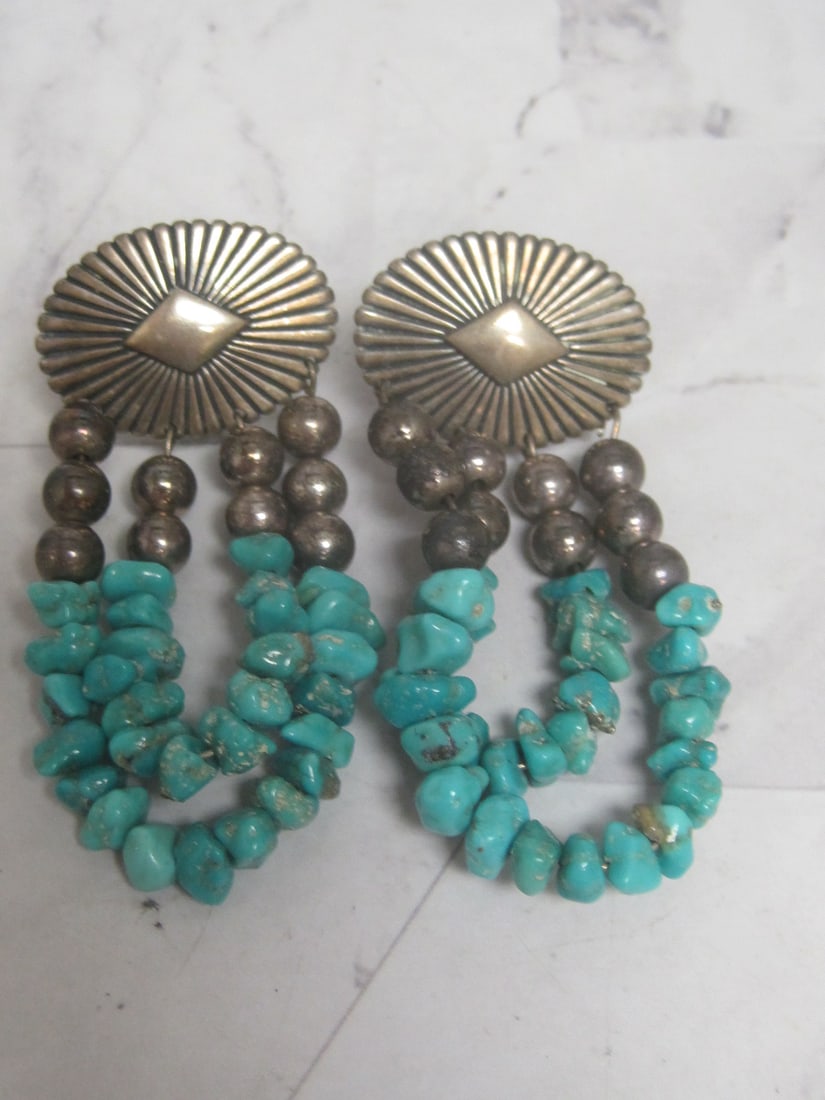 Sterling Silver Native American Style Turquoise Clip Earrings: .
