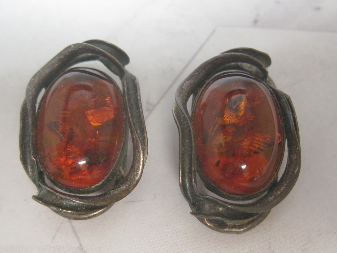 Sterling Silver Amber Clip Earrings: Weighs 9.9 grams