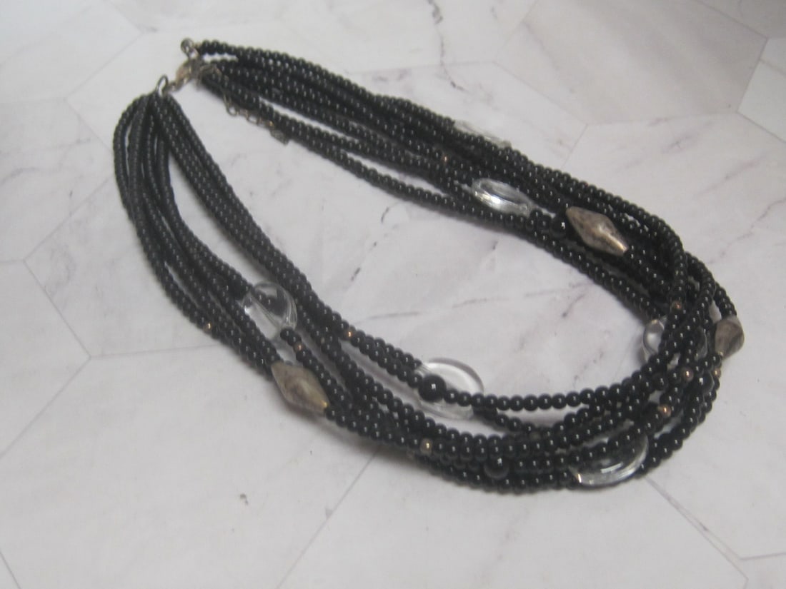 18" Silpada 8 Black Bead Strand Necklace with Sterling Silver & Lucite Beads: .