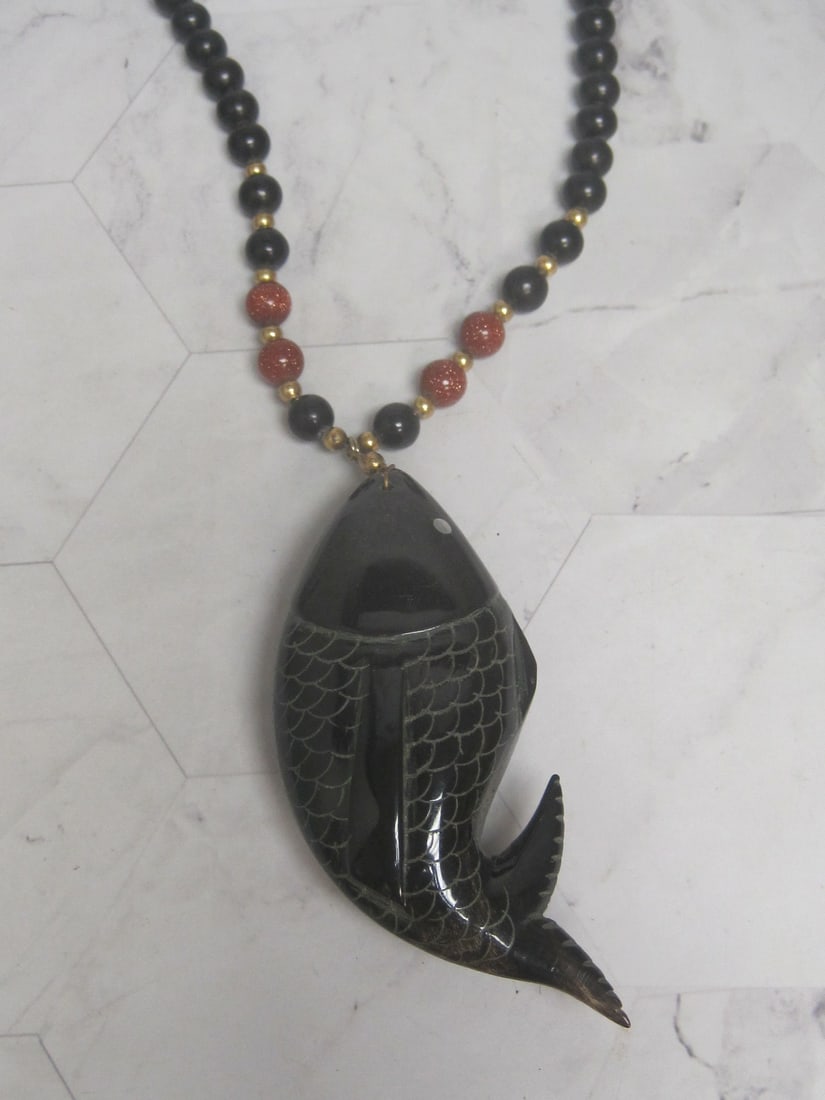Large Carved Ebony Koi Fish Pendant on Beaded 24" Necklace: .