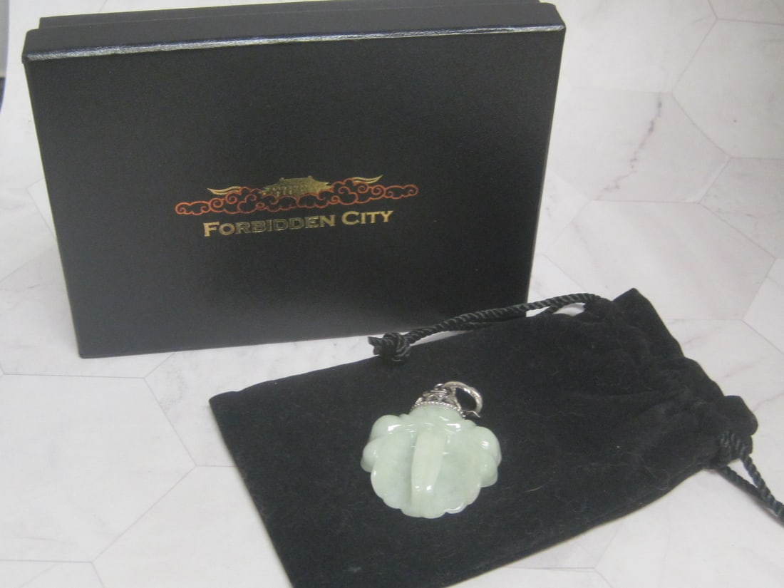 The Forbidden City Green Jade Pendant with Ornate Sterling Silver Filigree Bale: In original box