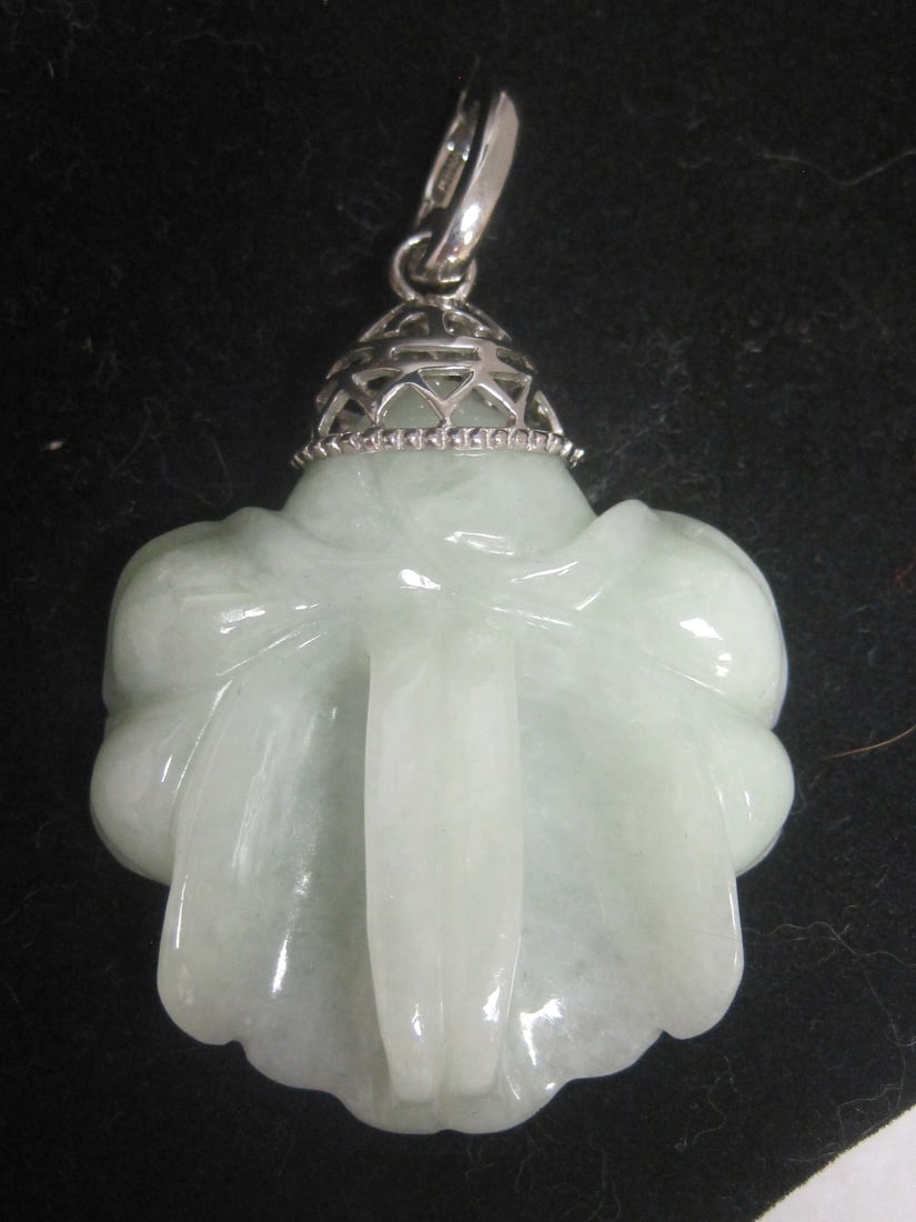 The Forbidden City Green Jade Pendant with Ornate Sterling Silver Filigree Bale - 2