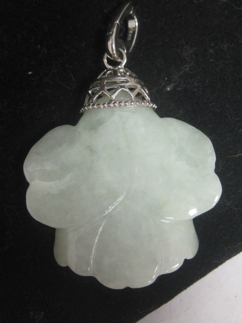 The Forbidden City Green Jade Pendant with Ornate Sterling Silver Filigree Bale - 3