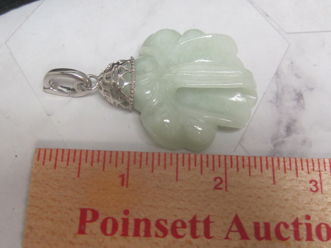 The Forbidden City Green Jade Pendant with Ornate Sterling Silver Filigree Bale - 5