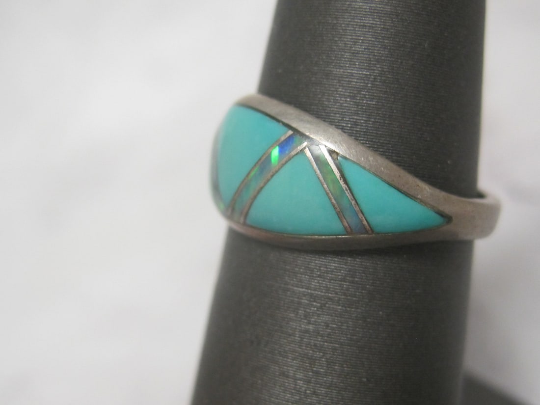 Sterling Silver Ring with Inlaid Turquoise & Mother of Pearl - 2