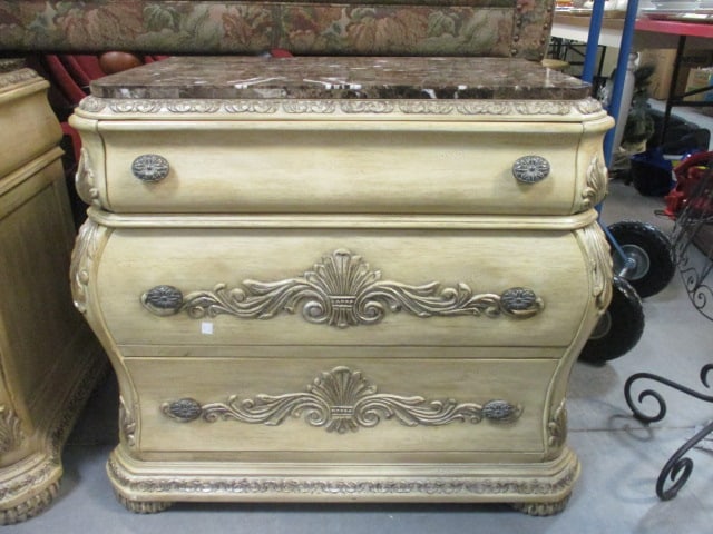 Schnadig Furniture Traditional Tuscan Style 3 Drawer Nightstand Chest: with Marble Veneer Top and Waterfall Style Drawer Heads. 35" x 21" x 30", dovetail drawers, Local Pickup Only