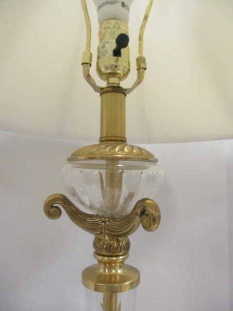 Vtg. Table Lamp w/Clear Crystal & Ornate Cast Brass Base - 2
