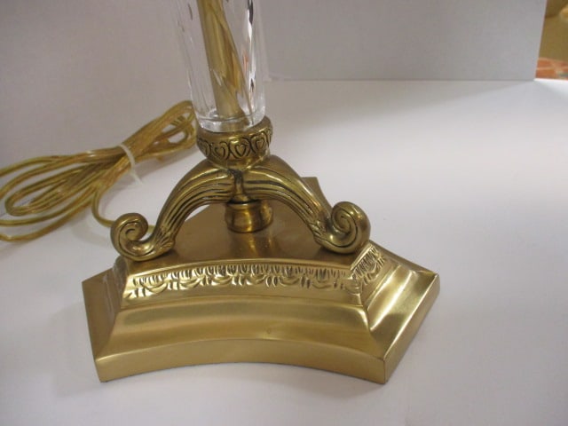 Vtg. Table Lamp w/Clear Crystal & Ornate Cast Brass Base - 5