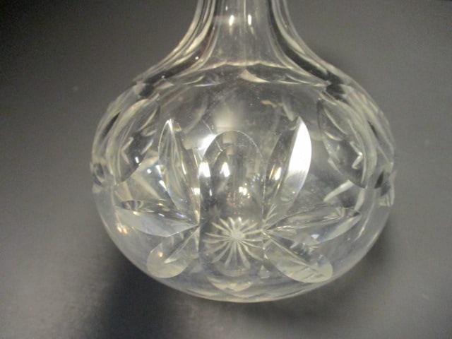 Vtg. Cut Glass Decanter w/Bulbous Base, Long Neck & Stopper - 7