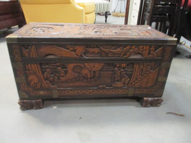 Chinese Carved Camphorwood Chest w/Tray: 31 x 13 1/2 x 16 (Intricate Figural & Landscape Designs & Brass Corner Hardware), Local Pickup Only