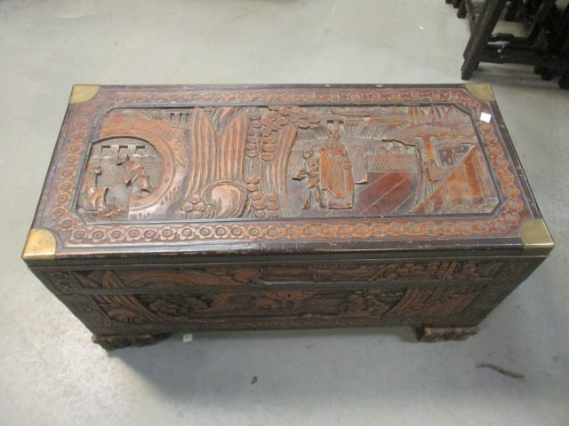 Chinese Carved Camphorwood Chest w/Tray - 2