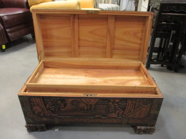 Chinese Carved Camphorwood Chest w/Tray - 9