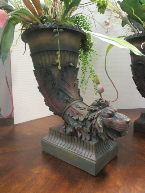 Pair of Sculpted Lion Head Cornucopia Vases with Artificial Exotic Florals - 2
