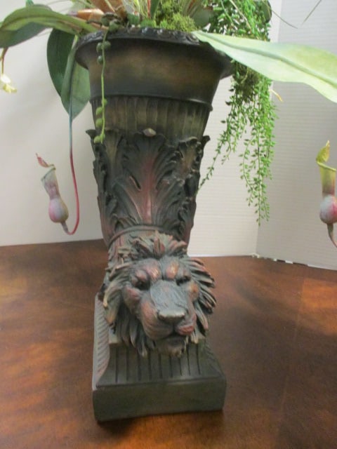 Pair of Sculpted Lion Head Cornucopia Vases with Artificial Exotic Florals - 3