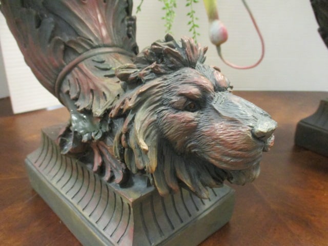 Pair of Sculpted Lion Head Cornucopia Vases with Artificial Exotic Florals - 4