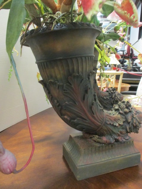 Pair of Sculpted Lion Head Cornucopia Vases with Artificial Exotic Florals - 5