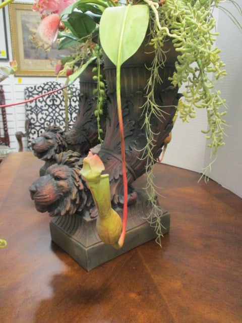 Pair of Sculpted Lion Head Cornucopia Vases with Artificial Exotic Florals - 6