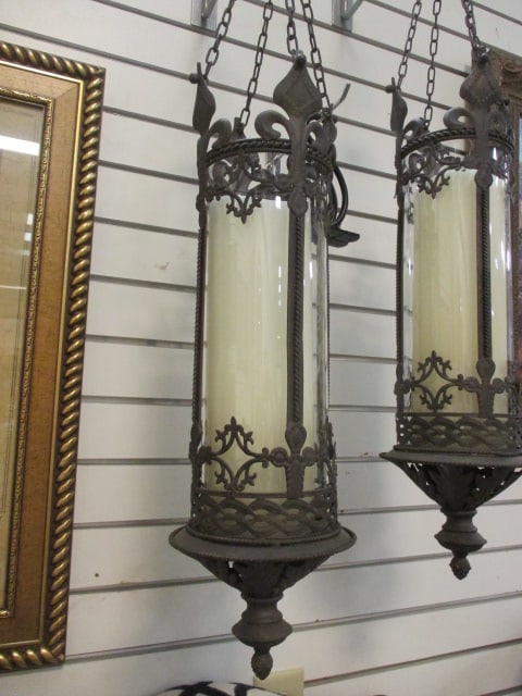 Gothic Revival Church Lanterns Wrought Iron w/Chains (2) - 2