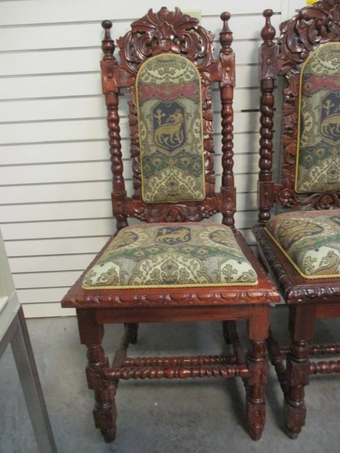 Pair of Ornate Gothic Charles II Style Side Chair w/Barley Twist Posts - 2