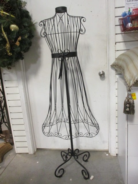 Black Metal Wire Dress Form Mannequin w/Scrollwork Base: 23" W x 5' H