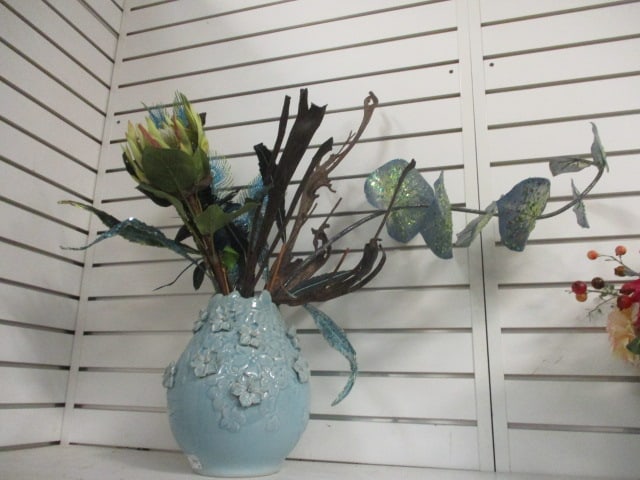 Ceramic Blue Vase w/Applied Flowers & Faux Florals: Vase 11"=Total Height 28"