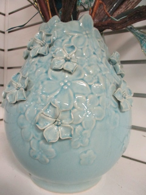 Ceramic Blue Vase w/Applied Flowers & Faux Florals - 2