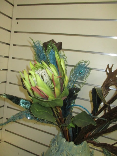 Ceramic Blue Vase w/Applied Flowers & Faux Florals - 3